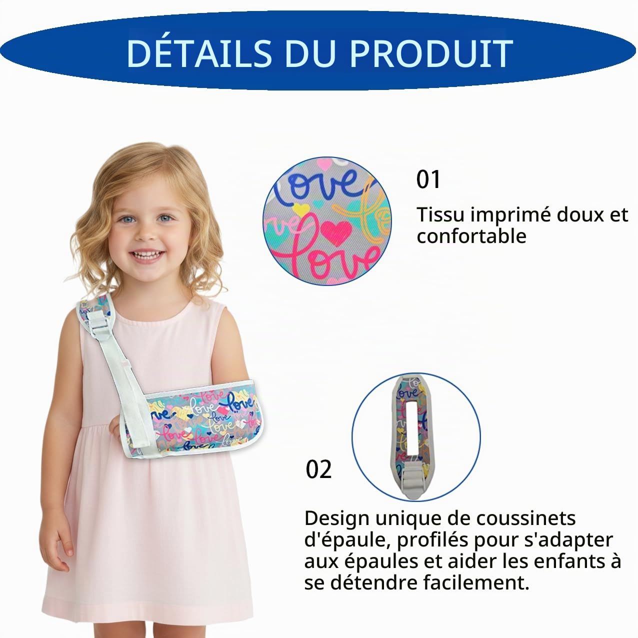 Écharpe de bras pour enfant pour soutenir les bras, les clavicules, les poignets, les épaules et les coudes en cas de fractures et de blessures, convient à la fois à la main gauche et droite (love-2