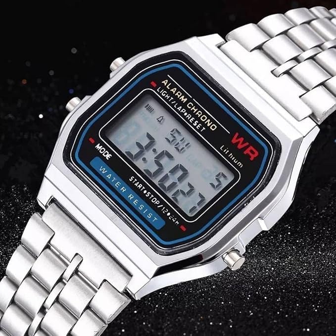 Image of Premium Digital Square Dial Unisex Wrist Watch for Men & Women | Vintage 4-Color Display | WR70ist Sports, Casual & Fashion Watch(Silver)