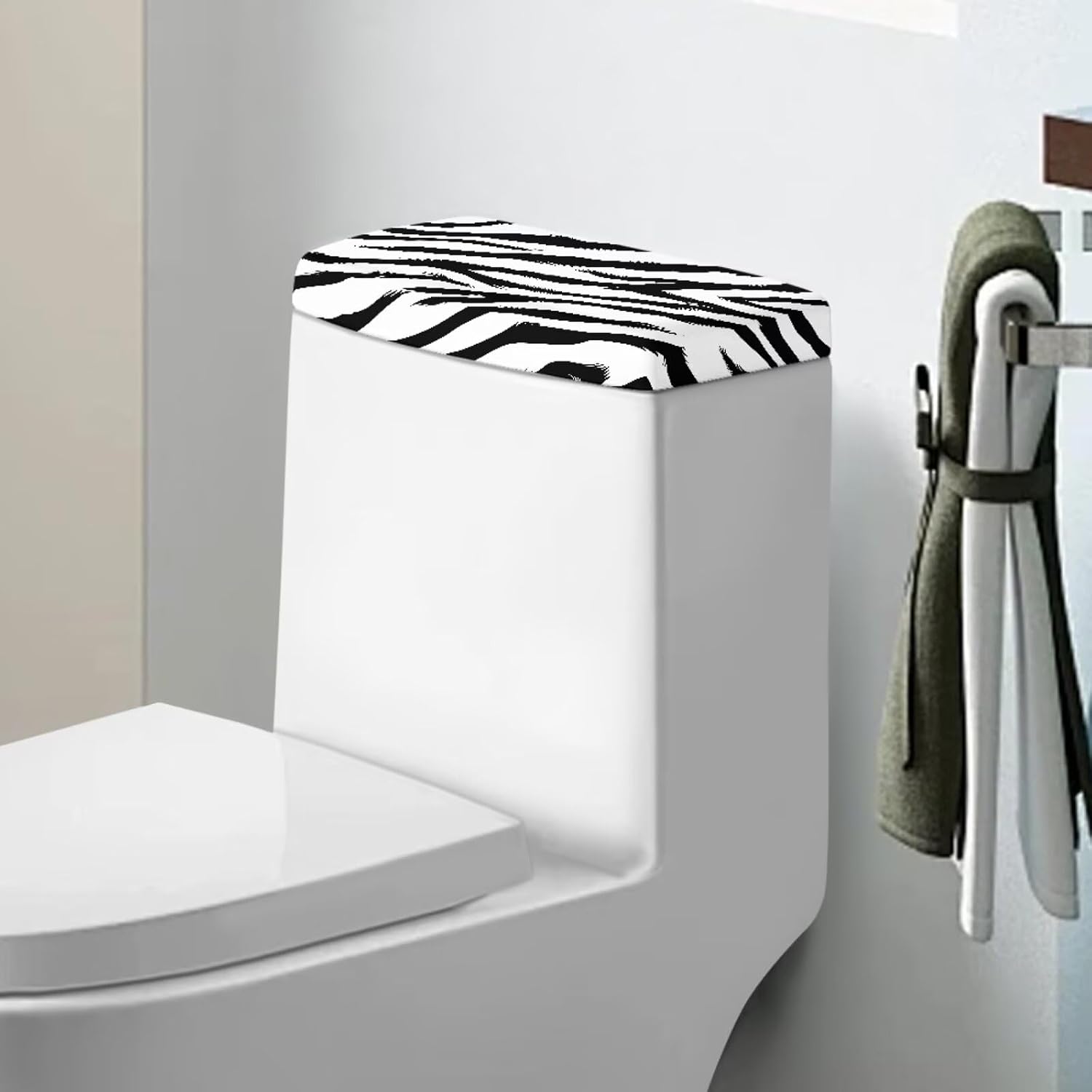 Zebra Stripes Printed Toilet Tank Lid Cover with Elastic Edge, Dust-Proof Easy Cleaning Toilet Tank Cover Replacement for Bathroom, Black and White