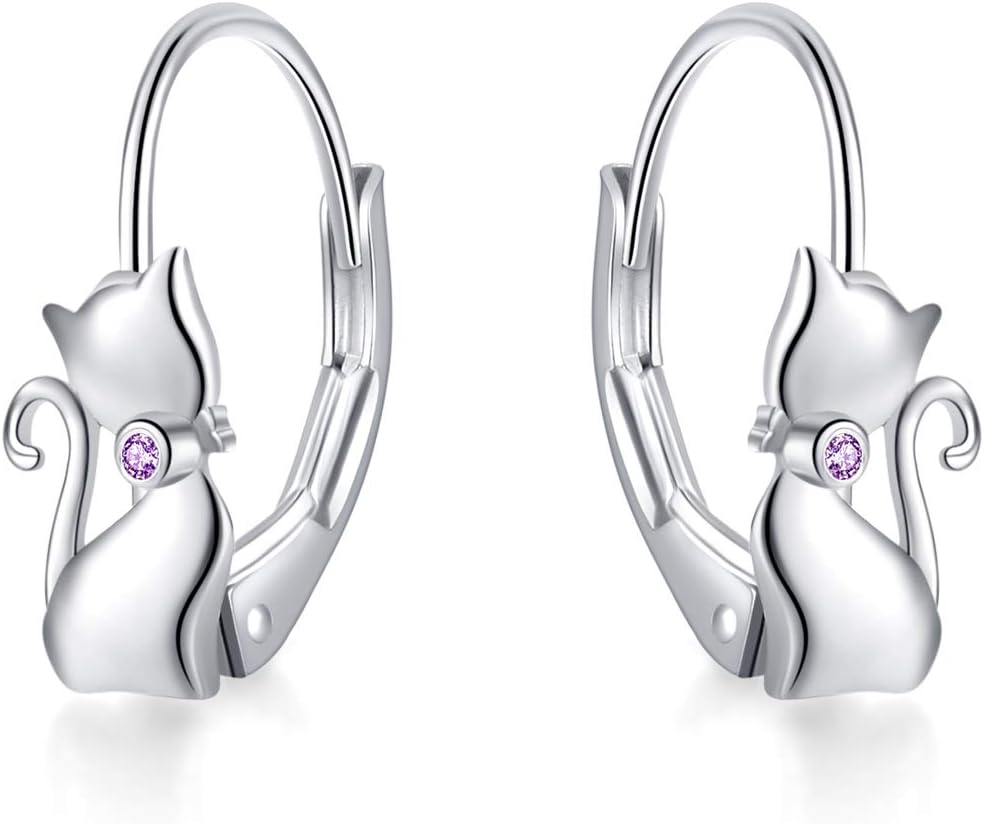 Cat Gifts Earrings Sterling Silver Cute Small Animal Cats Dangle Leverback Jewelry Gifts for women cat Lovers