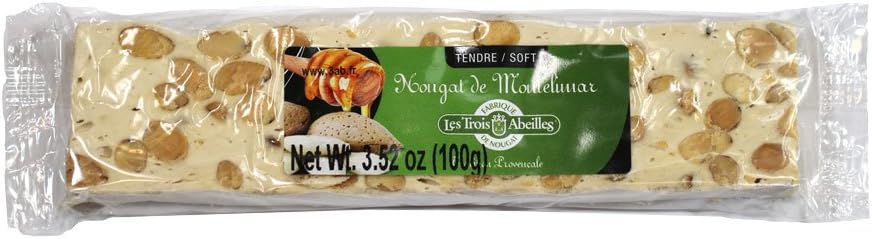 Soft White Nougat Candy Bar with Lavender Honey and Almonds from Montelimar | Handcrafted in France by Les Trois Abeilles | All Natural, Gluten-Free | 100 Grams (3.52 Ounce)