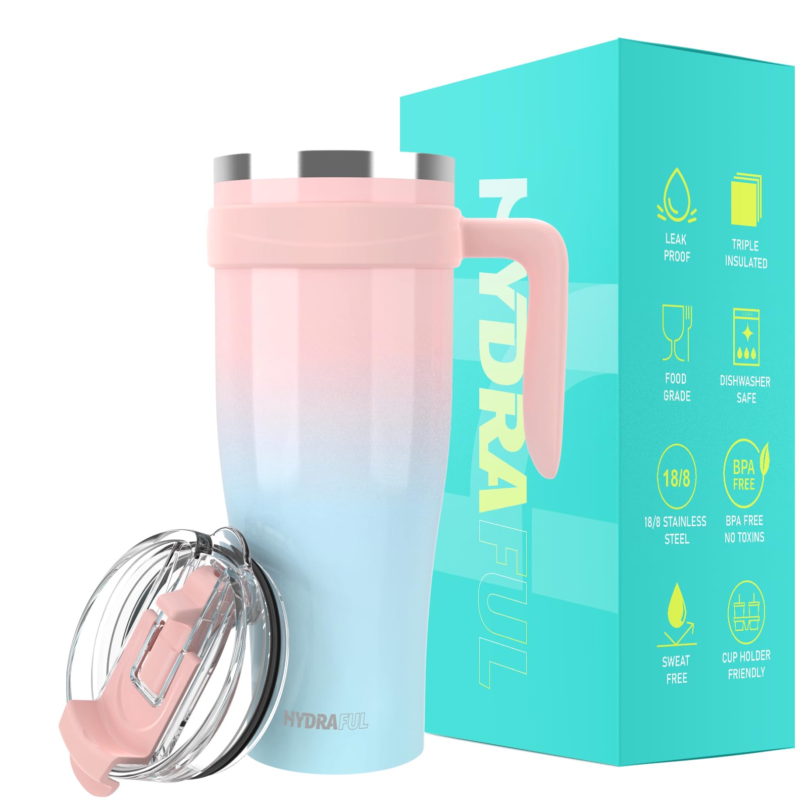 Hydraful Vaso De 50 Onzas Con Asa Y Popote, Botella De Agua 100% A Prueba De Fugas, Aislada Al Vacío, Taza De Viaje De Acero Inoxidable, Mantiene El Frío Durante 34