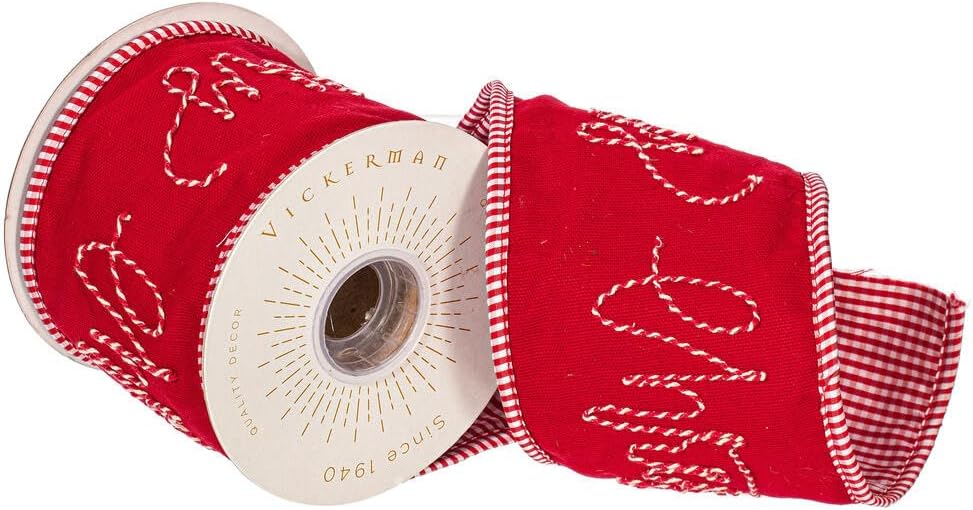 Vickerman 4" Red Embroidered Rope Merry Christmas On Canvas Ribbon.