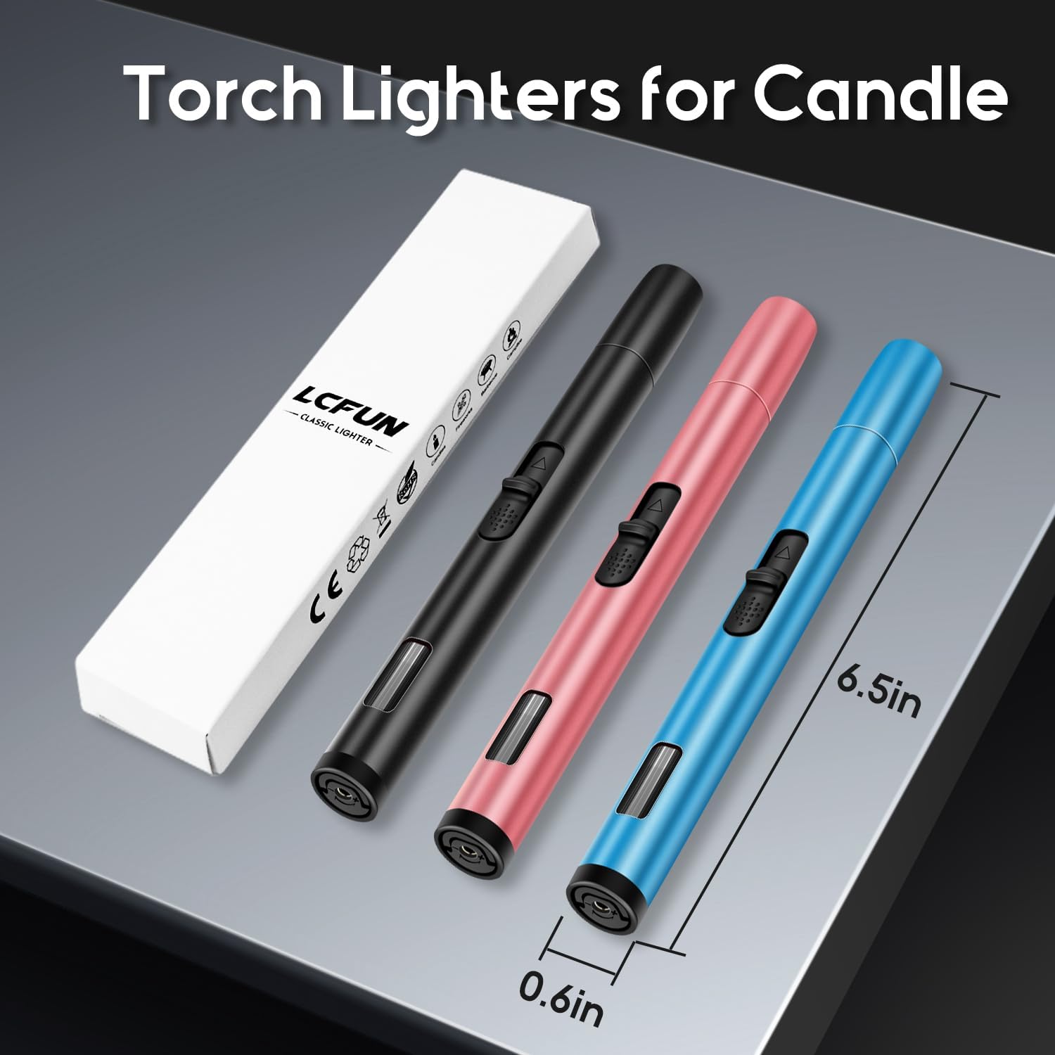 Image showing the dimensions of the LcFun Torch Lighter, measuring 6.5 inches in length.