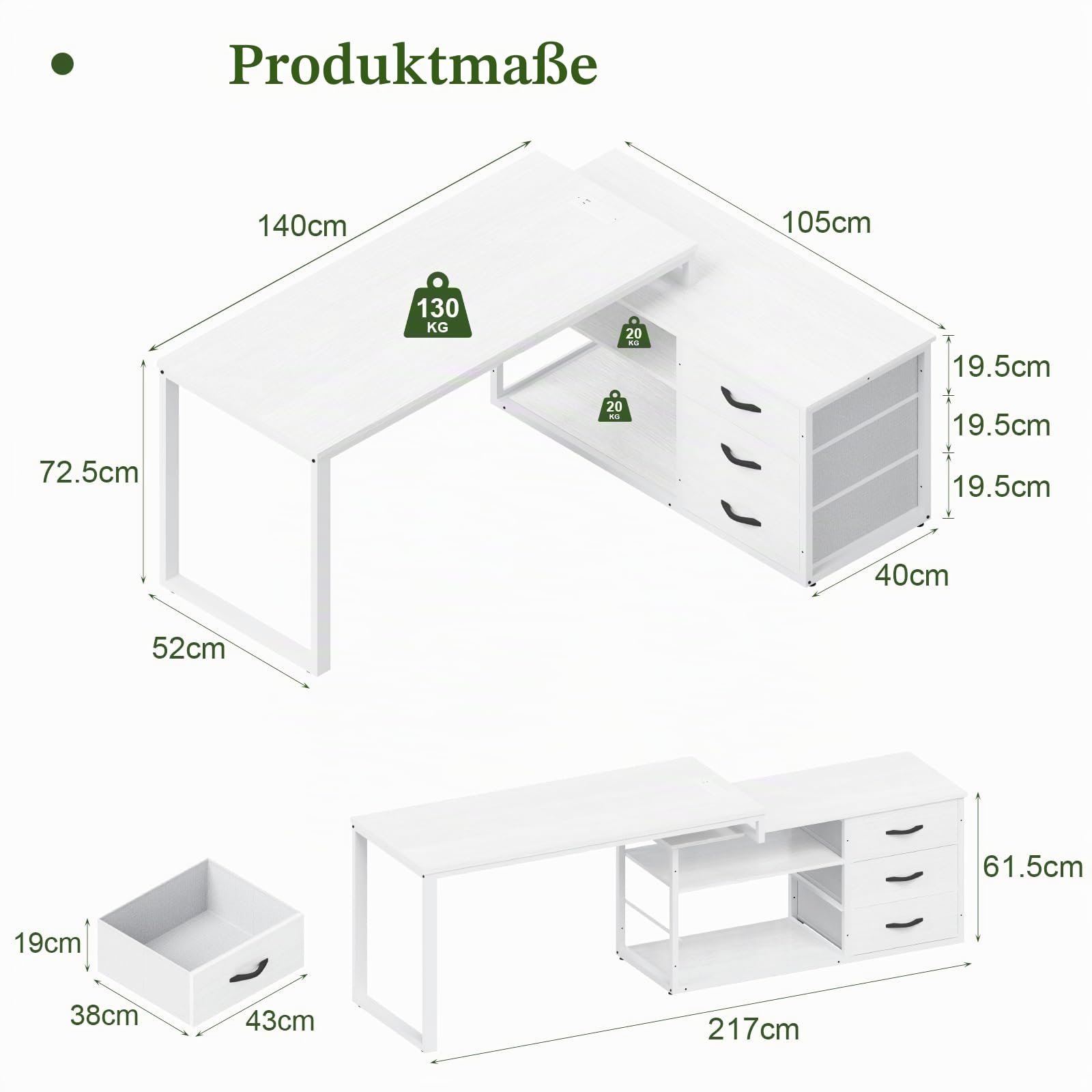 JUMMICO Schreibtisch mit Schubladen, 140 x 105 x 75 cm, L Form Reversible Eckschreibtisch mit 2 USB-Ladeanschlüssen und 2 Steckdosen, Weiß