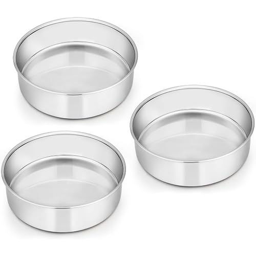 E-far 6 Inch Cake Pan Set of 3, Stainless Steel Round Smash Cake Baking Pans Tins, Non-Toxic & Healthy, Mirror Finish & Dishwasher Safe - 6 x 2 Inch