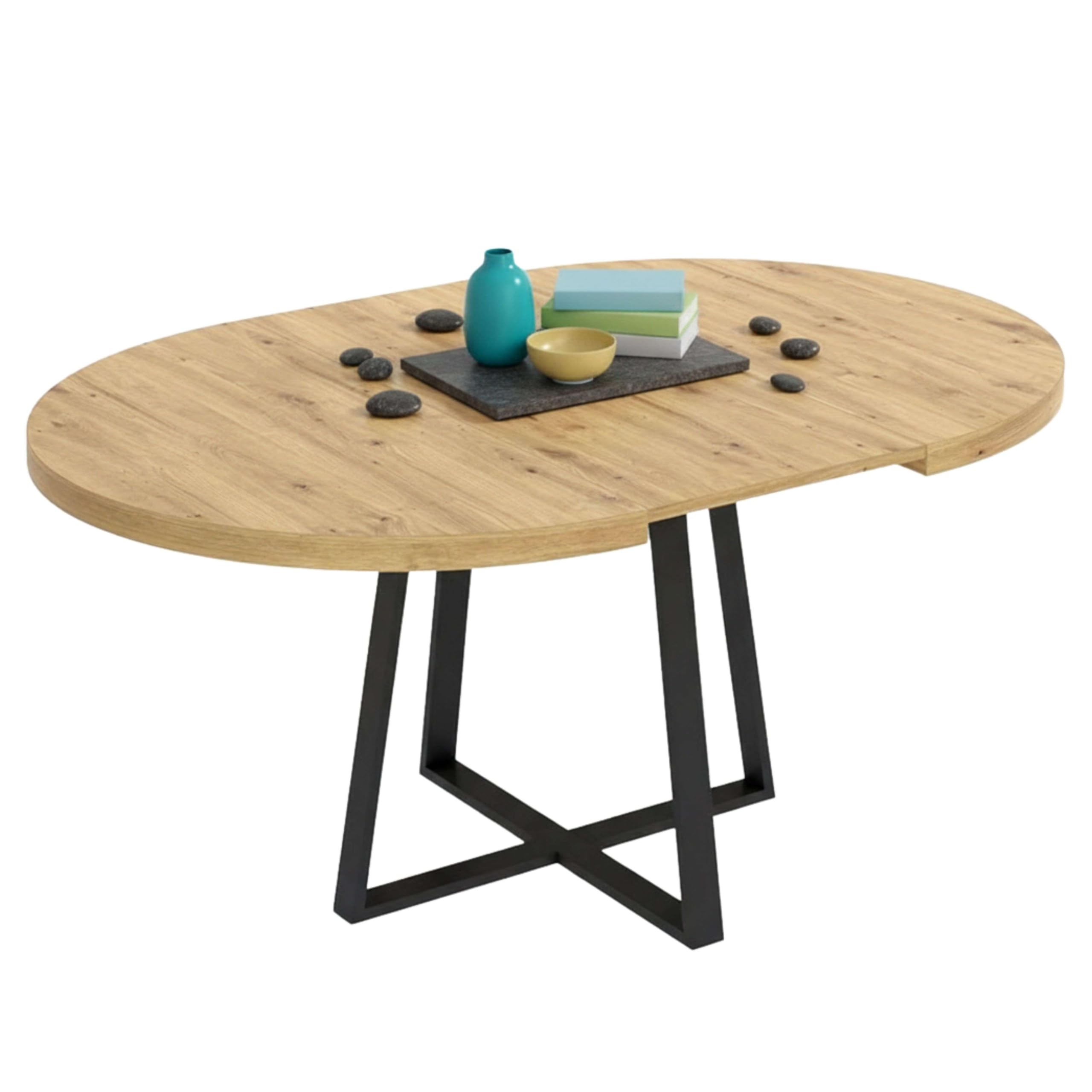 Miroytengo Mesa de Comedor Redonda Extensible, Mesa de Salón, Melamina Aduna, Roble y Negro 110x77x110-​158 cm