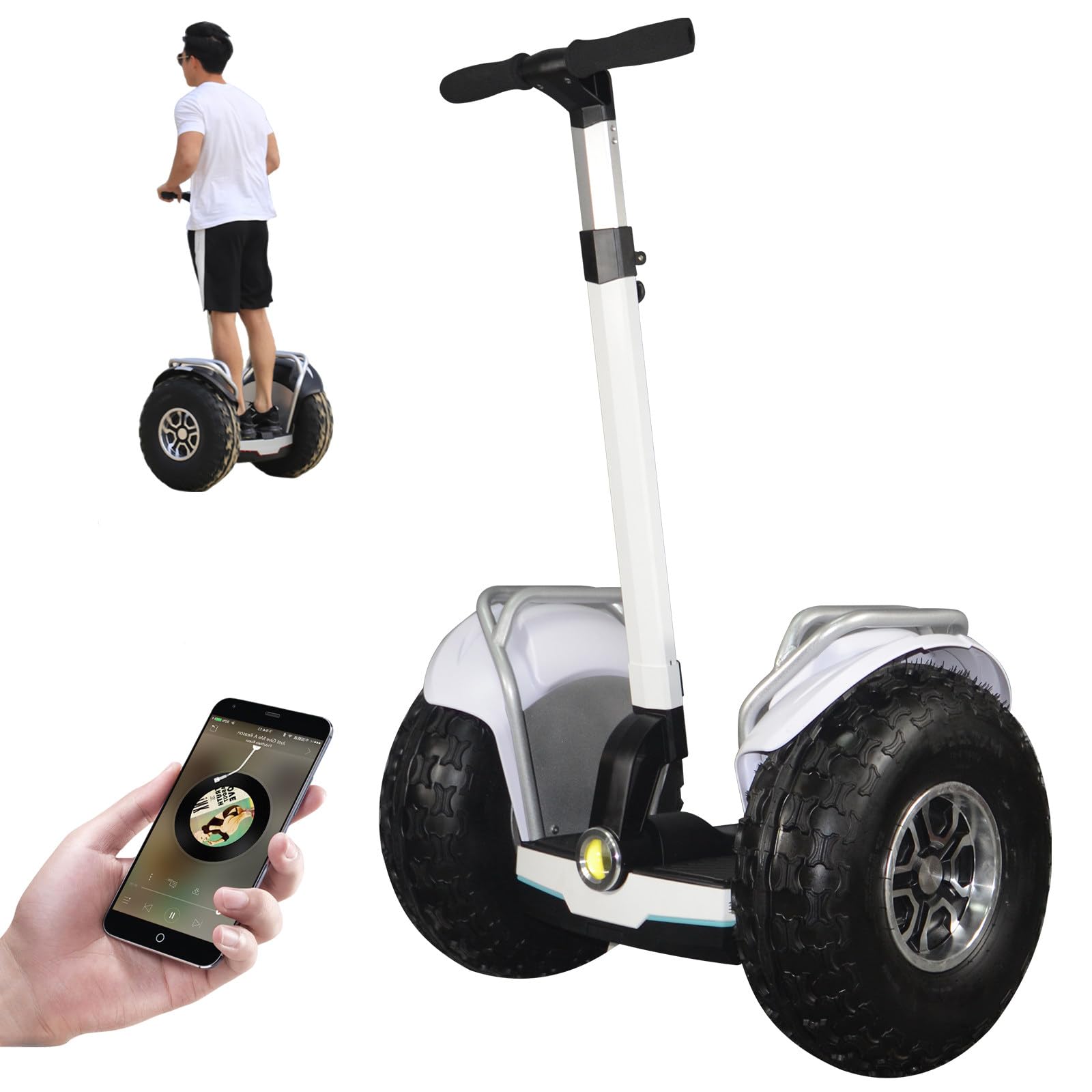 Hoverboard 19" Fuoristrada, Skateboard Elettrico Autobilanciato con Manubrio Regolabile, Skate Elettrico con Display OLED & App, Monopattino Elettrico IP54, Portata Massima 150 kg White