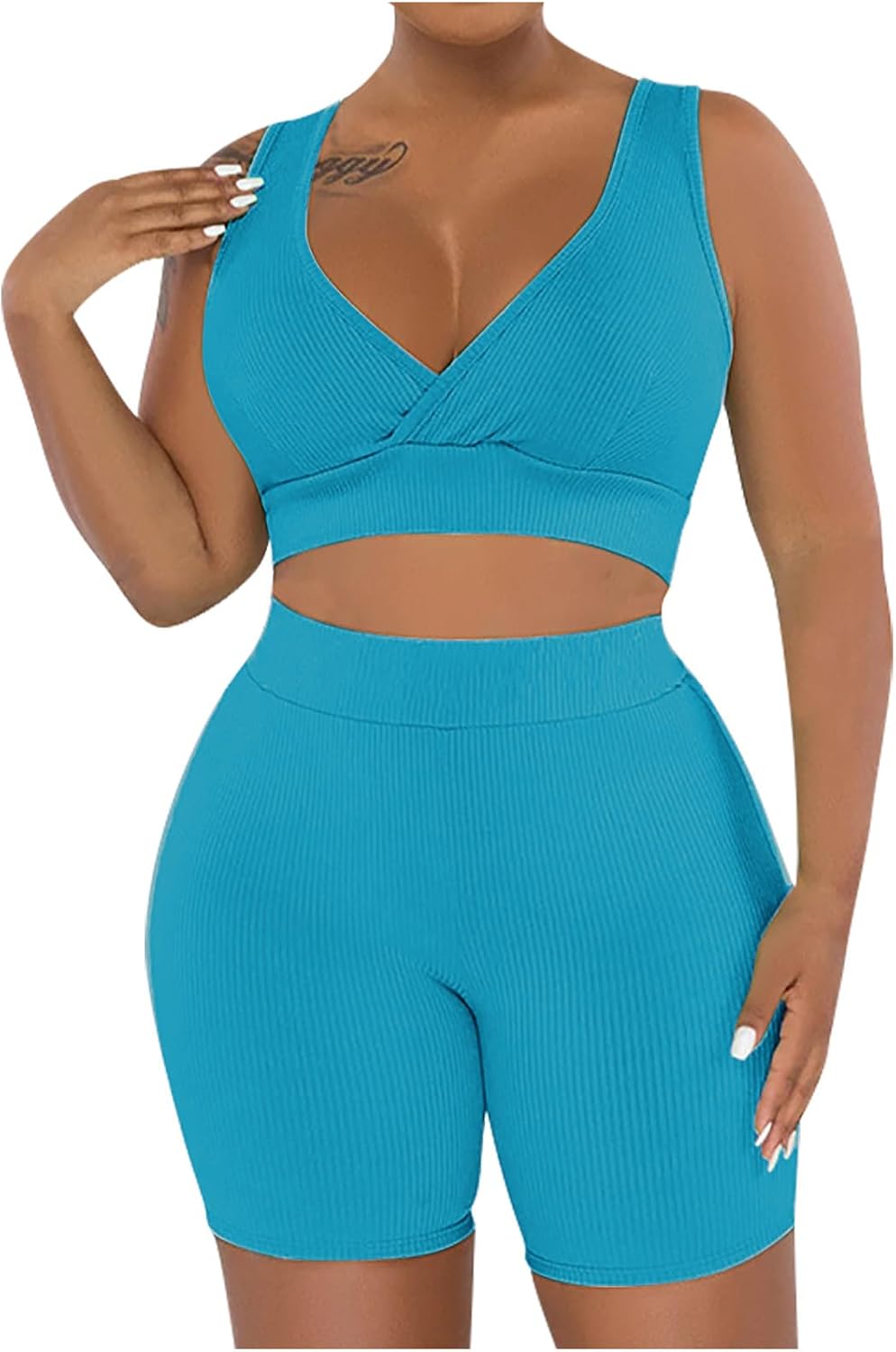 Workout Sets for Women Two Piece Sets Summer Seamless Ribbed High Waist Short Leggings with Sports Bra Gym Sets