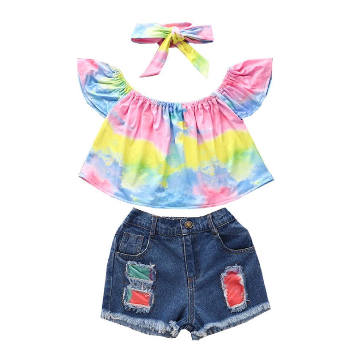 Toddler Kids Girls Jeans Outfits Off Shoulder Tie Dye Crop Top Denim Ripped Shorts with Headband Summer Clothing (Pink Yellow Tie Dye, 2-3T)