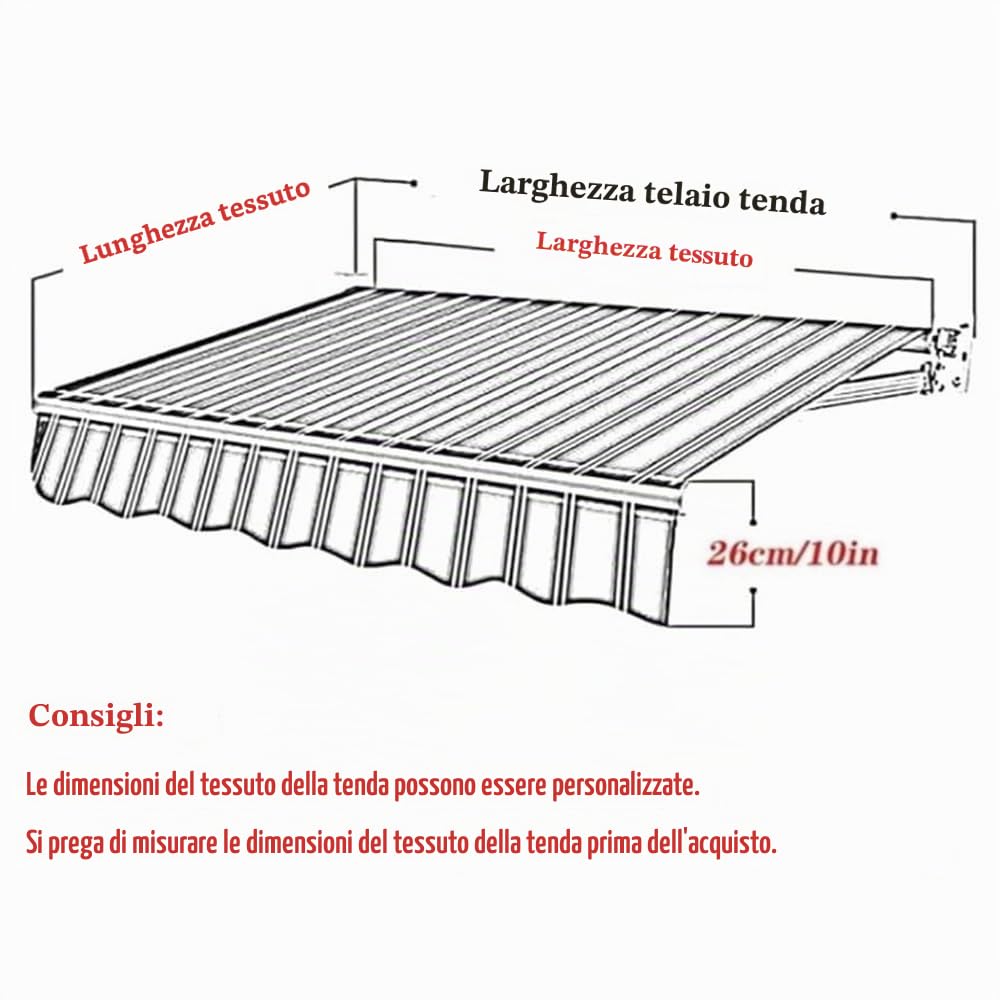 Telo Di Ricambio Per Tenda Da Sole 300x250cm Retrattile Manuale Tessuto Di Ricambio Per Tenda Parasole, Tettuccio Parasole Copertura Superiore Di Ricambio In 280 G/m² Poliestere(Khaki,3x2.5m/10x8ft)