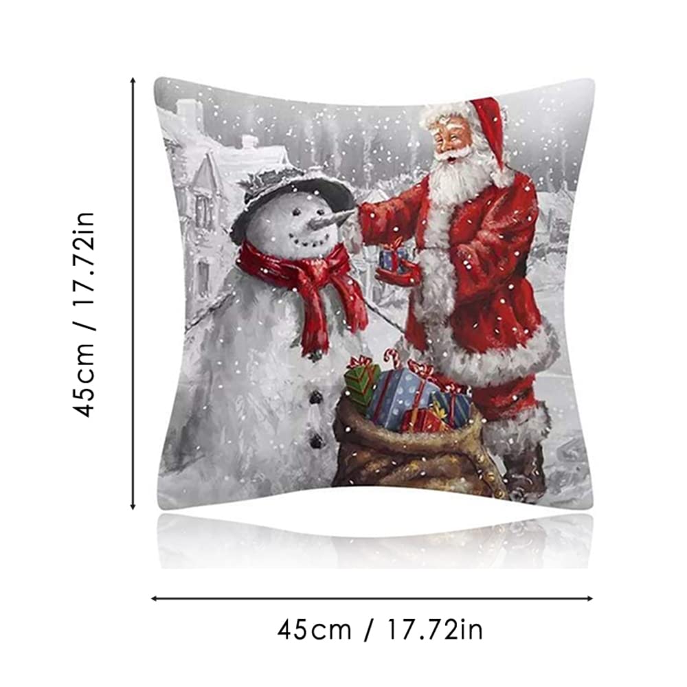 4 Weihnachts-Kissenbezüge 45x45 Cm | Leinen | Mit Weihnachtsbaum & Schneemann-Muster | Waschbar | Für Sofa & Deko