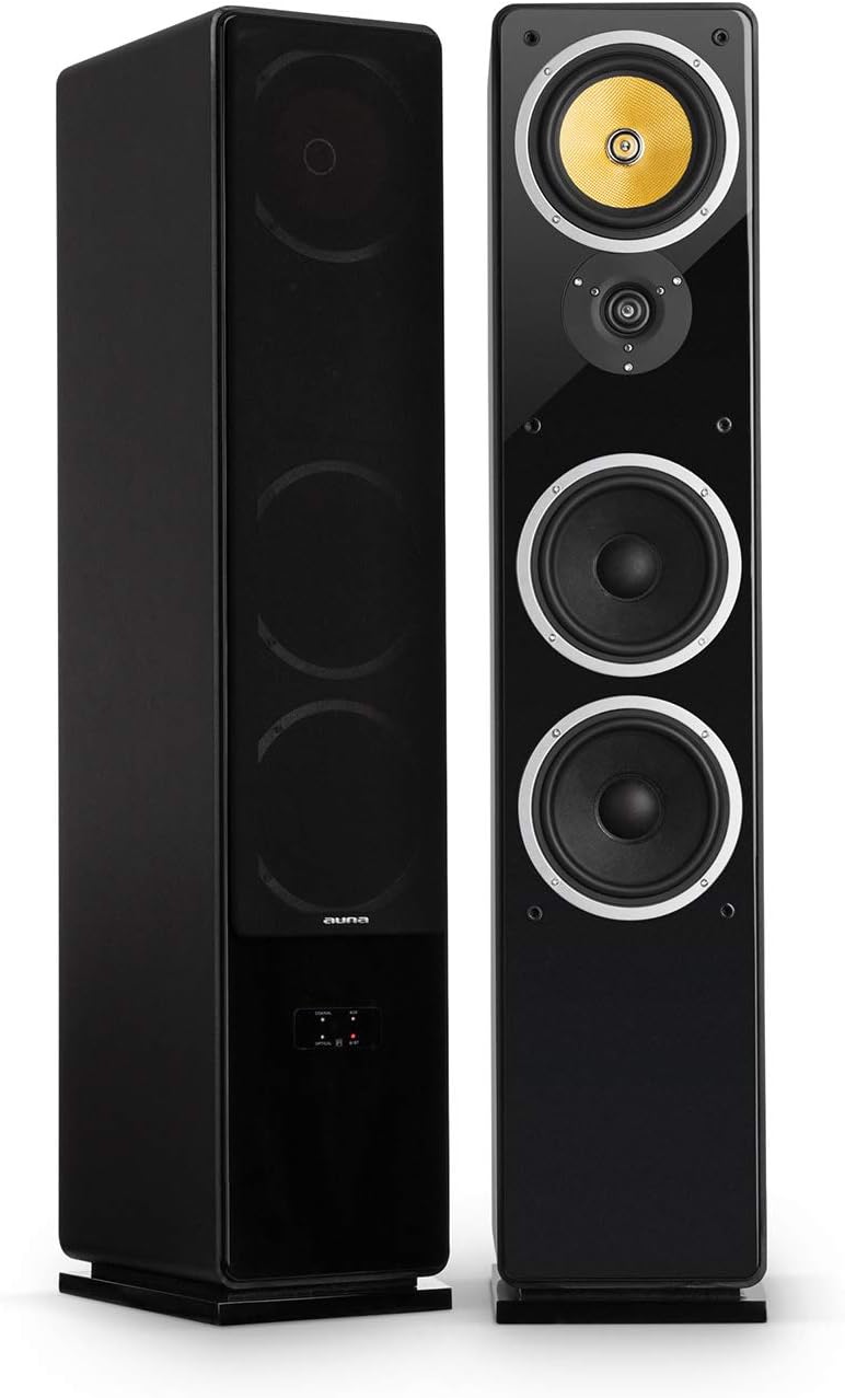 AUNA Line 700 - Tower Speaker Set, Bluetooth Function, Digital Optical and Coaxial Input, AUX and Subwoofer Output, Active and Passive Speaker, 2 x 120 Watts RMS, Remote Control, Black