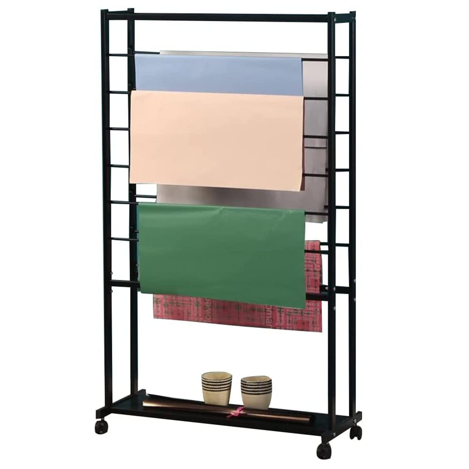 Présentoir de rangement atelier mobile grand format pour draps et pantalons en métal