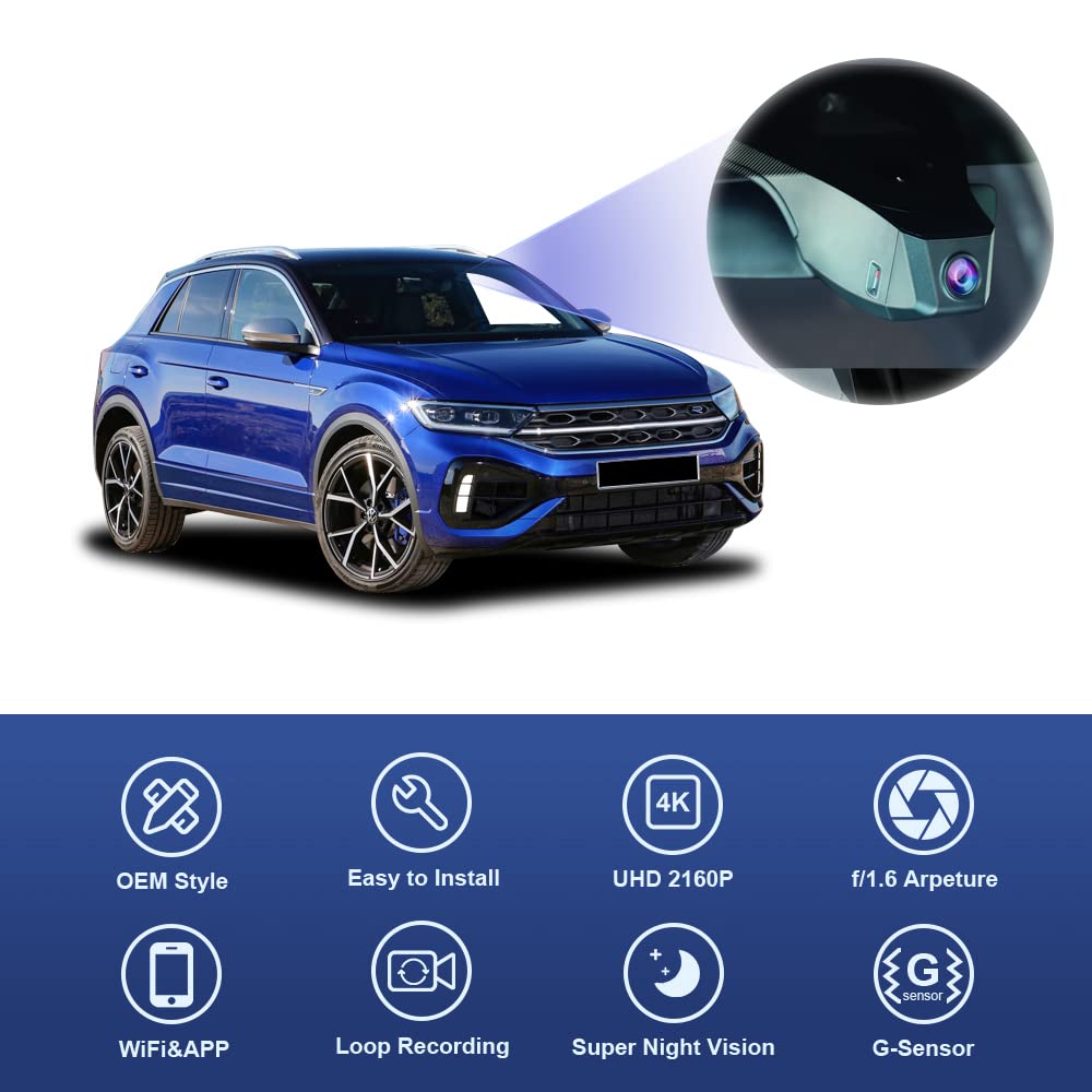 Fitcamx Dash Cam compatibile con VW T-Roc 2017-2025, UHD Dashcam 4K 2160P Video WiFi, Accessori Volkswagen OEM, Modalità parcheggio, Registrazione loop, Sensore G, Visione notturna, Plug Play, 64 GB