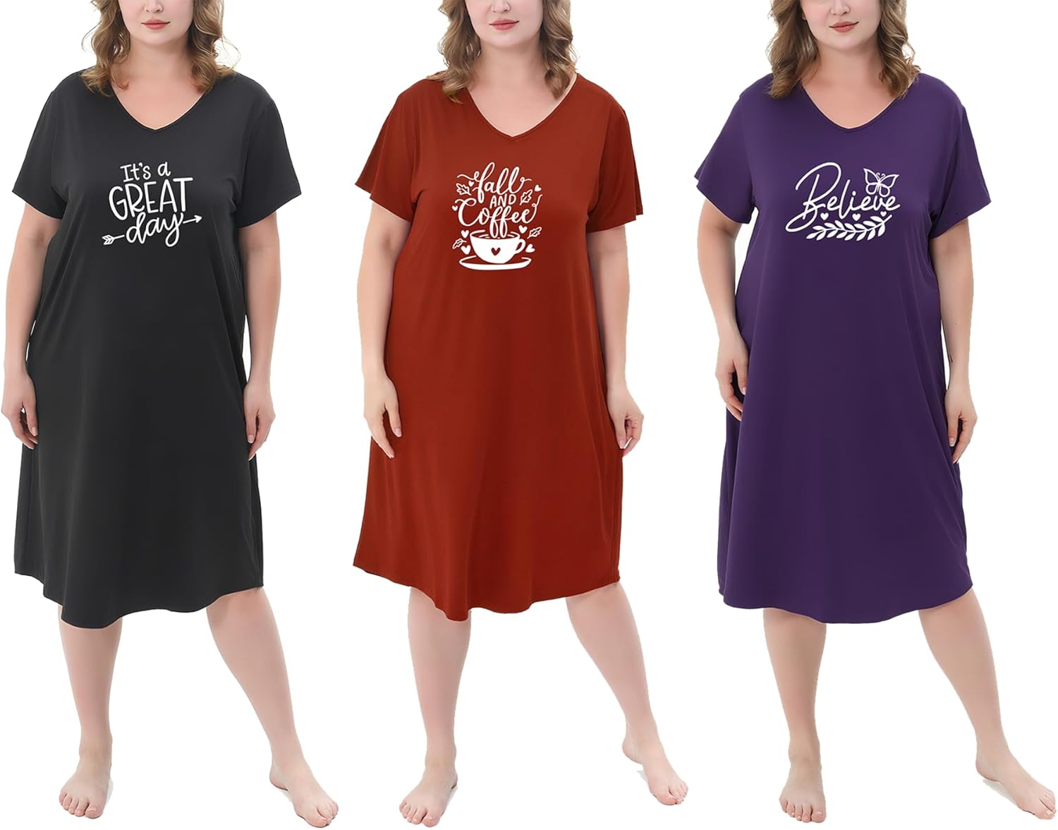 3 Pack Plus Size Women's Nightgown Soft Print Nightshirts for Women Short Sleeve Sleepwear