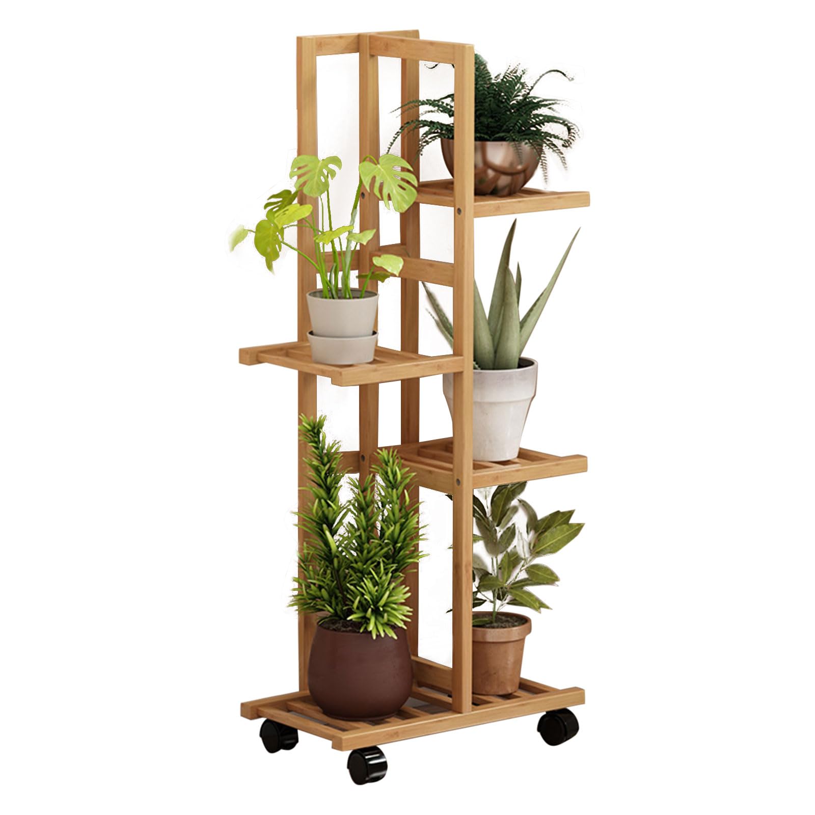 Simcat Corner Plant Stand Indoor With Wheels, 3/4/5/6 Tier Bamboo Tall Plant Shelf for Indoor Outdoor Plants Multiple Plant Stands for Window Garden Living Room (4 layers)
