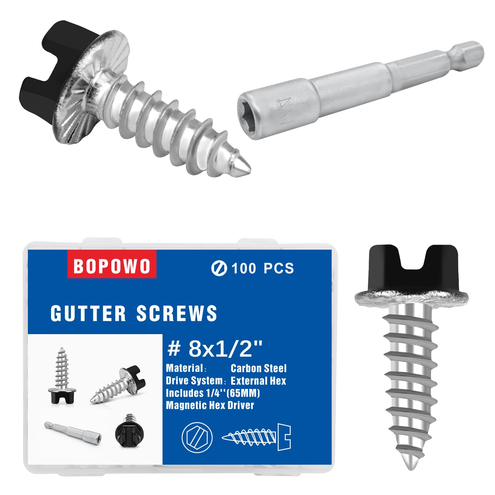 Bopowo Self-Tapping Gutter Screws Black Painted Slotted Hex Washer Head #8 x 1/2" Zinc Plated Finish, Includes 1/4" Magnetic Hex Driver – for Gutter