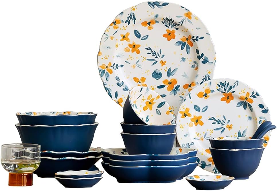 Retro Flower Glaze Glaze Dish Set, Porcelain Flower Pizza Bakeware Cheese Oven Bakeware, Suitable for Cooking, Kitchen, Cake Dinner,32 Piece Set