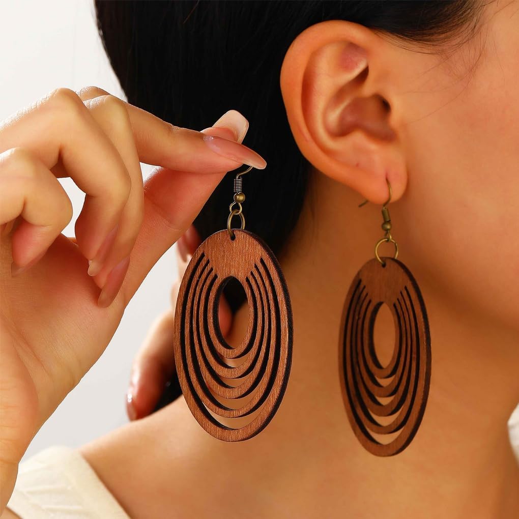 Boho Wood Earrings Handmade Round Dangle Drop Earrings for Women Vintage Lightweight Ethnic Hook Statement Jewelry - Image 2