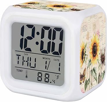Vintage Sunflowers Alarm Clock, Country Floral Pastoral Letter Background Digital Clock Night Light with 7 Color, Calendar Temperature Display, NightLight Clock for Bedroom, 3.2x3.2in