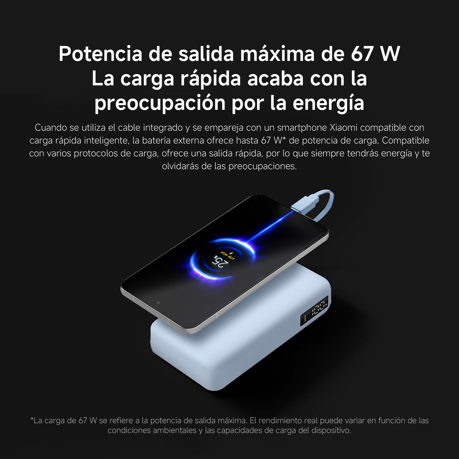 Xiaomi 67W Power Bank 20000mAh con Cable USB-C Integrado, Azul Hielo | Carga rápida 67W, 20000mAh, cable USB-C integrado. Carga bidireccional — alimenta 3 dispositivos a la vez.