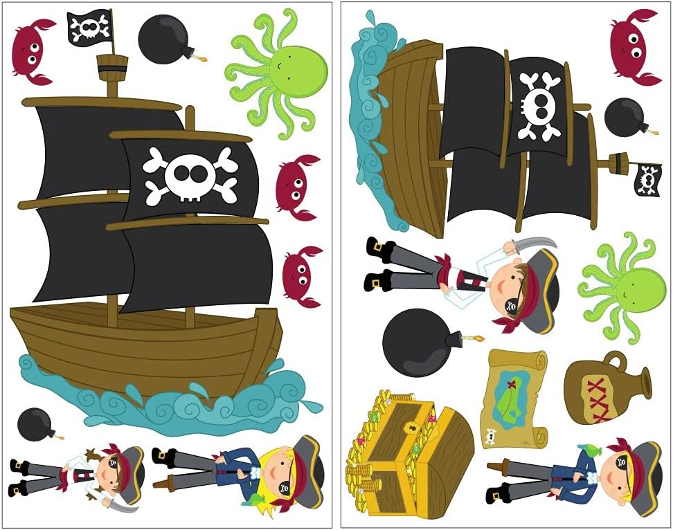 Samunshi® 19-Piece Pirate Set with Pirate Ship / Treasure MAP Wall Sticker 2x 16x26cm