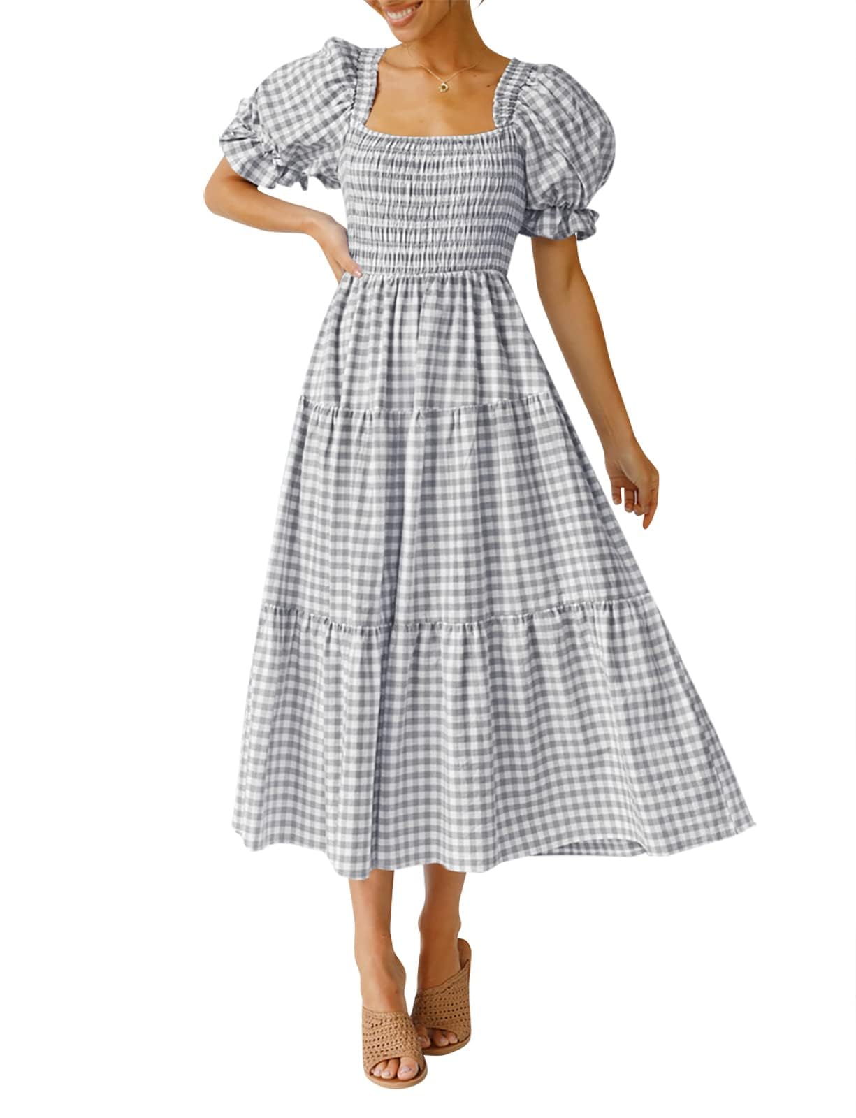 ZESICA Women's Summer Boho Gingham Puff Sleeve Square Neck Beach Midi Dress | 2026 Casual Bohemian Flowy, Swing A Line, Vintage, Baby Shower