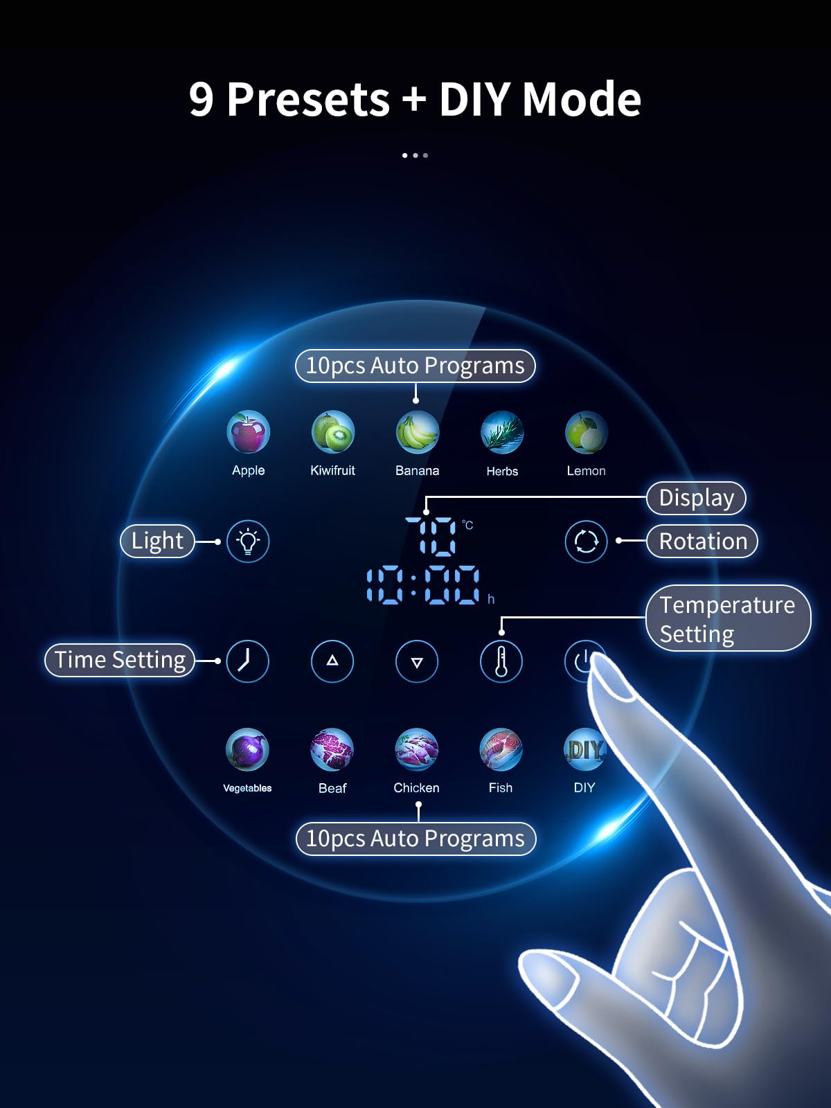 Deshidratador de 10 niveles de acero inoxidable con pantalla LCD – Secador de alimentos con rotación 850 W, 35 – 75 °C, temporizador 1 – 48 h, 9 programas automáticos + DIY LED, silencioso <30 dB