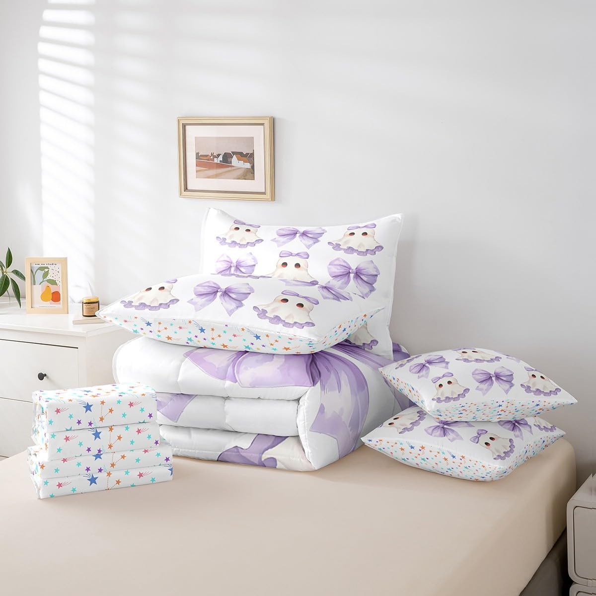 Erosebridal Gothic Spooky 7 Pcs Bedding Set Purple Bowknot Ghost Queen Comforter Set for Boys Girls Kids Coquette Bow Halloween Bed in A Bag with Flat and Fitted Sheet Cartoon Kawaii Bed Set