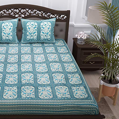 Image of Story@Home Pandora Collection 152 TC 100% Cotton Bedsheet for Double Bed with 2 Pillow Covers (90 X 108 Inch, Grey & Sky Blue)