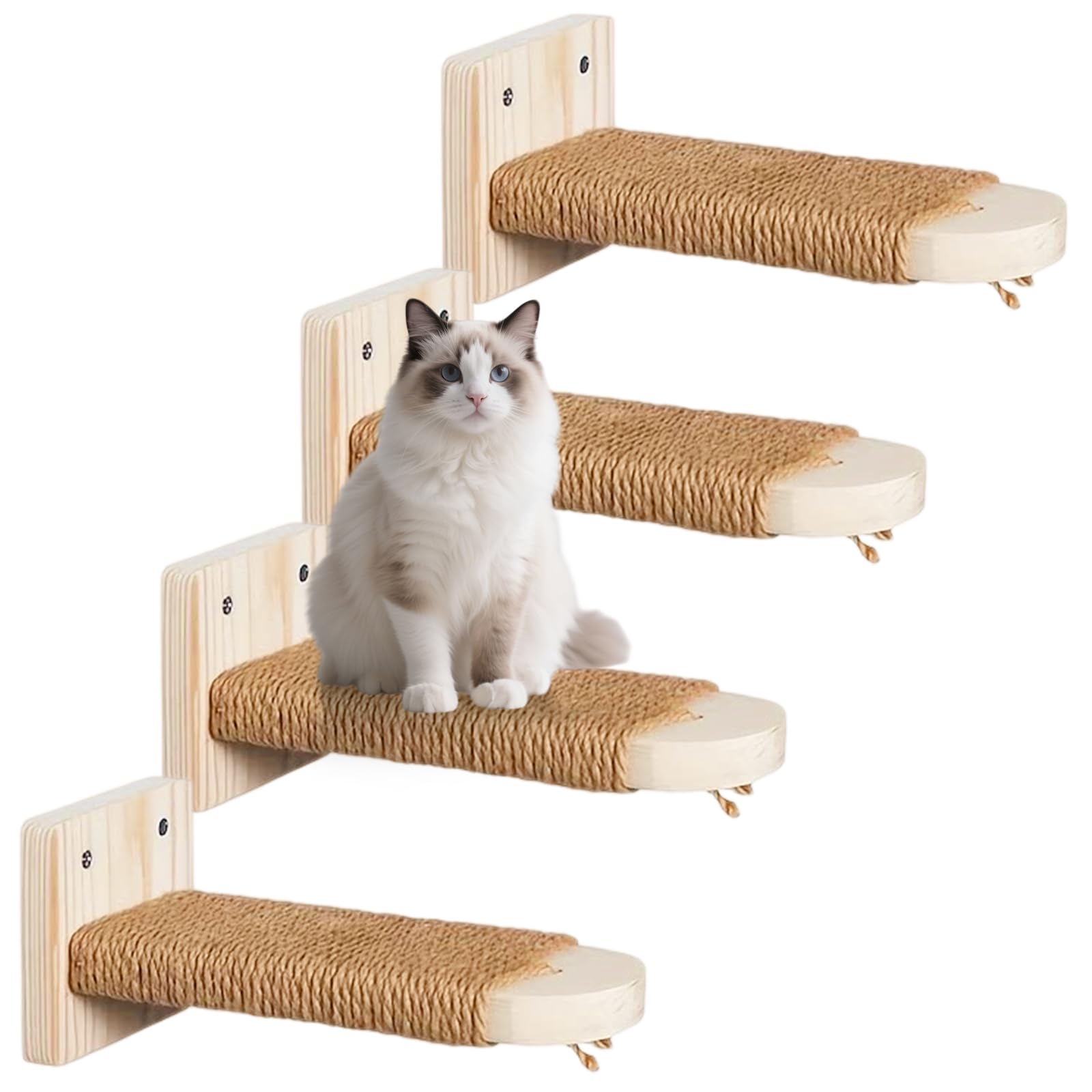 4 Stück Katzentreppe Wand: Holz Katzen Kletterwand aus Massives Gummiholz, Katzenleiter Set, Katzenwandstufen für Kletterspaß und entspannte Ruheplätze zu Hause, Stabile Wandliege bis 20 kg