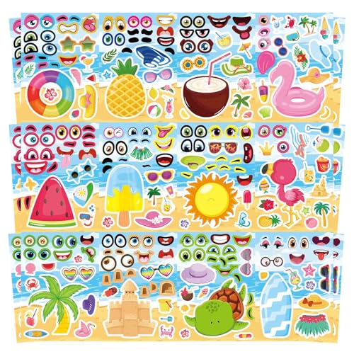 24 Sheets Summer Stickers for Kids, Make a Face Sticker Hawaii Tropical Pool Beach Stickers, Make Your Own Watermelon Pineapple Flamingo Sticker for Tropical Luau Party, Summer Holiday Party Favors