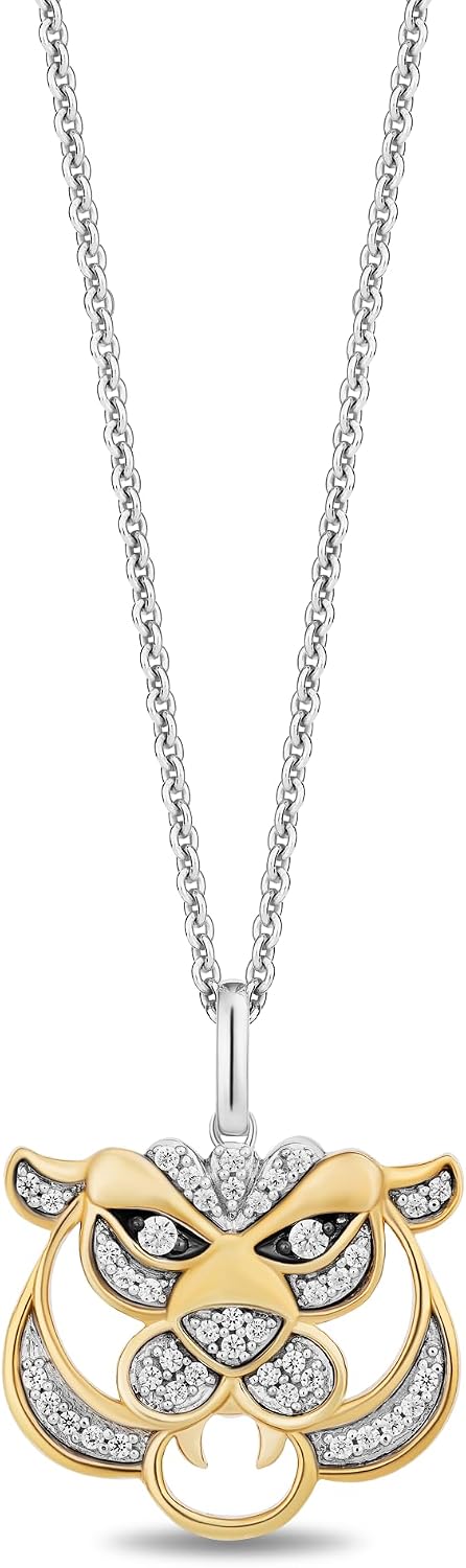 Jewelili Enchanted Disney Fine Jewelry Jasmine Raja Necklace for Women | 14K Yellow Gold & Black Rhodium over Sterling Silver | 1/6 CTTW White Diamonds | Princess Inspired Jewelry Gifts for Her