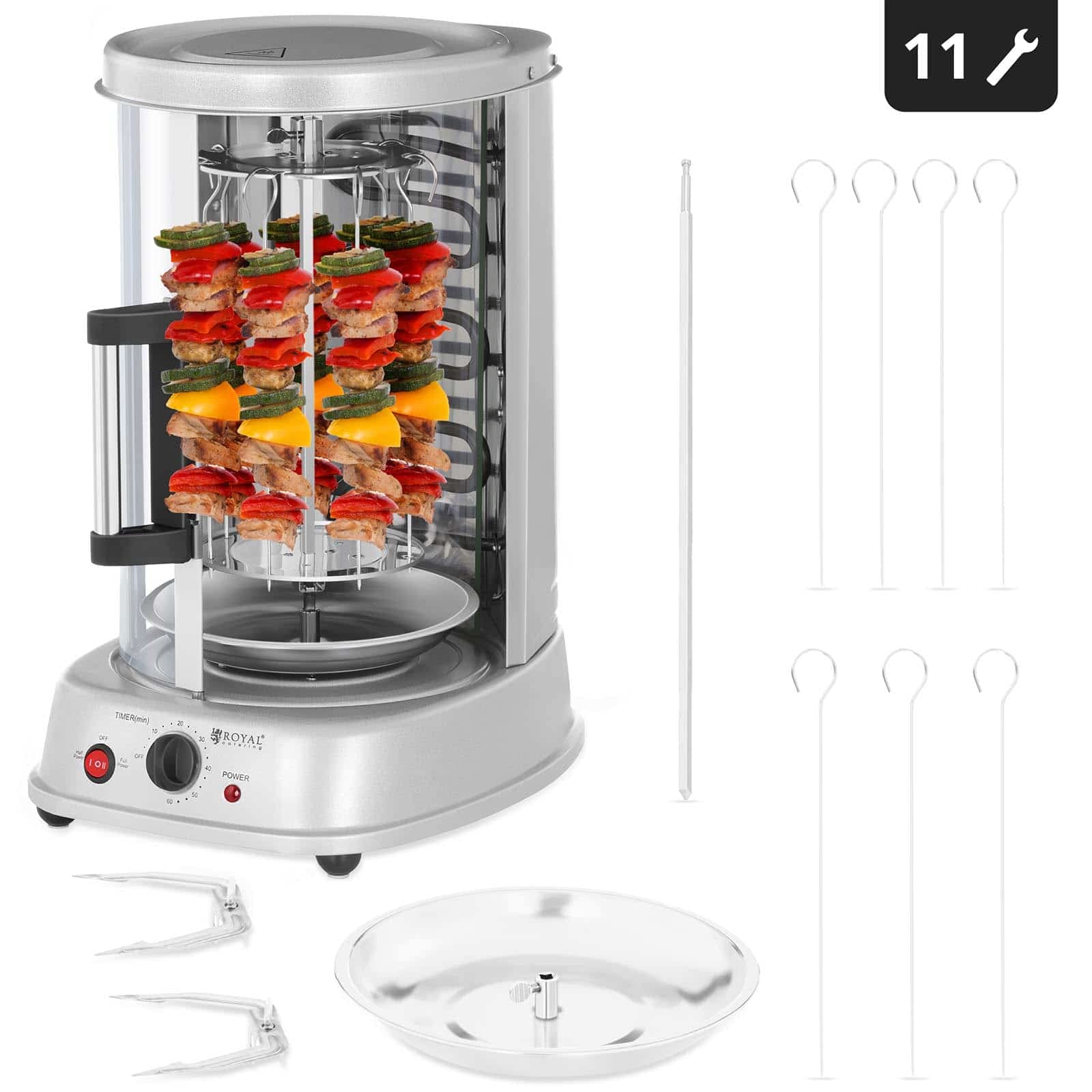 Royal Catering Rôtissoire Verticale Machine À Kébab Poulet Électrique Appareil Mini Machine Grill Rotatif RCGV-1400 (3-en-1, 1 500 W, 120 °C max., Minuterie 60 min, Nombreux Accessoires)