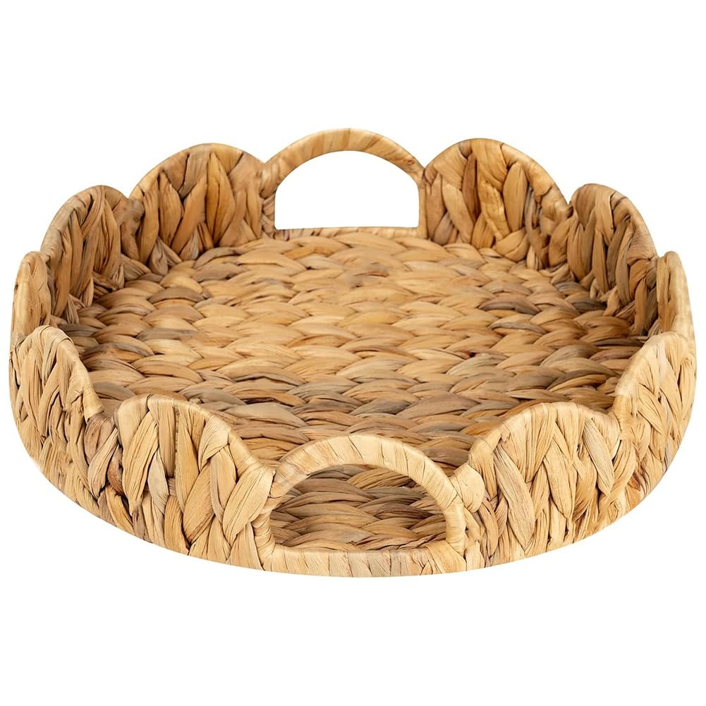 CTRLZS Scalloped Edge Round Tray, Round Serving Tray with Built-in Handles, Decoratve Tray for Coffee Table, Rattan Tray