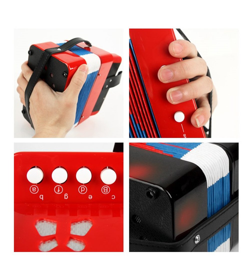 Instrumentos de teclado de juguete de acordeón con botones para niños con 7 teclas de agudos, 3 válvulas de aire, correa de mano, juguete musical (negro)