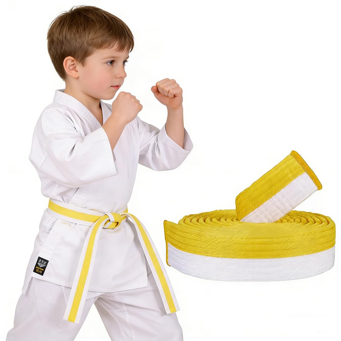 Cinturón de judo de 180 cm,deportes de karate,cinturón profesional de taekwondo y aikido, cinturón de tela gruesa para niños (Amarillo y blanco)