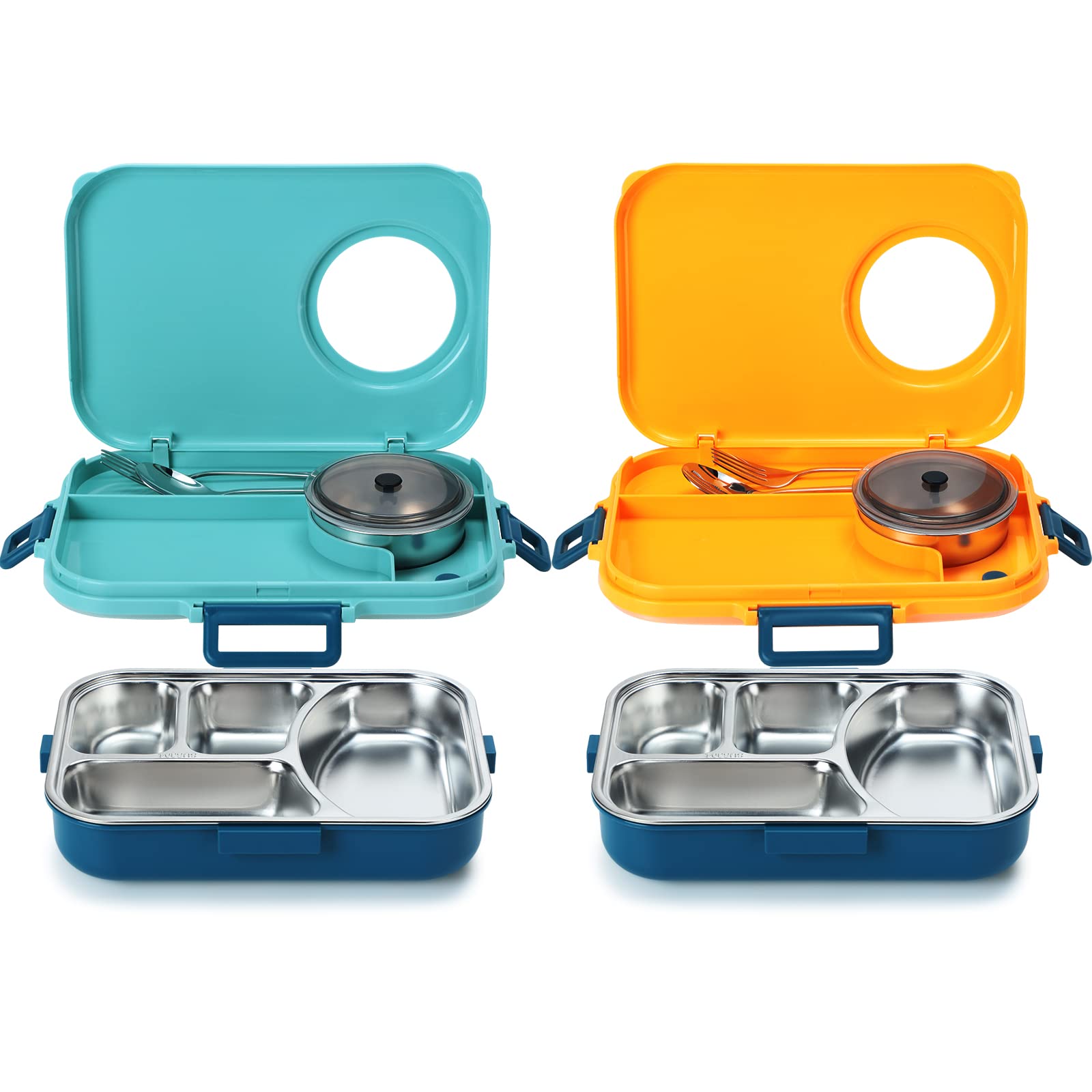 Photo 1 of 2 Pcs Stainless Steel Lunch Box 4 Compartments Portable Bento Box for Kids Food Storage Containers with Separate Soup Bowl and Spoon and Fork for Students Travelers Adults