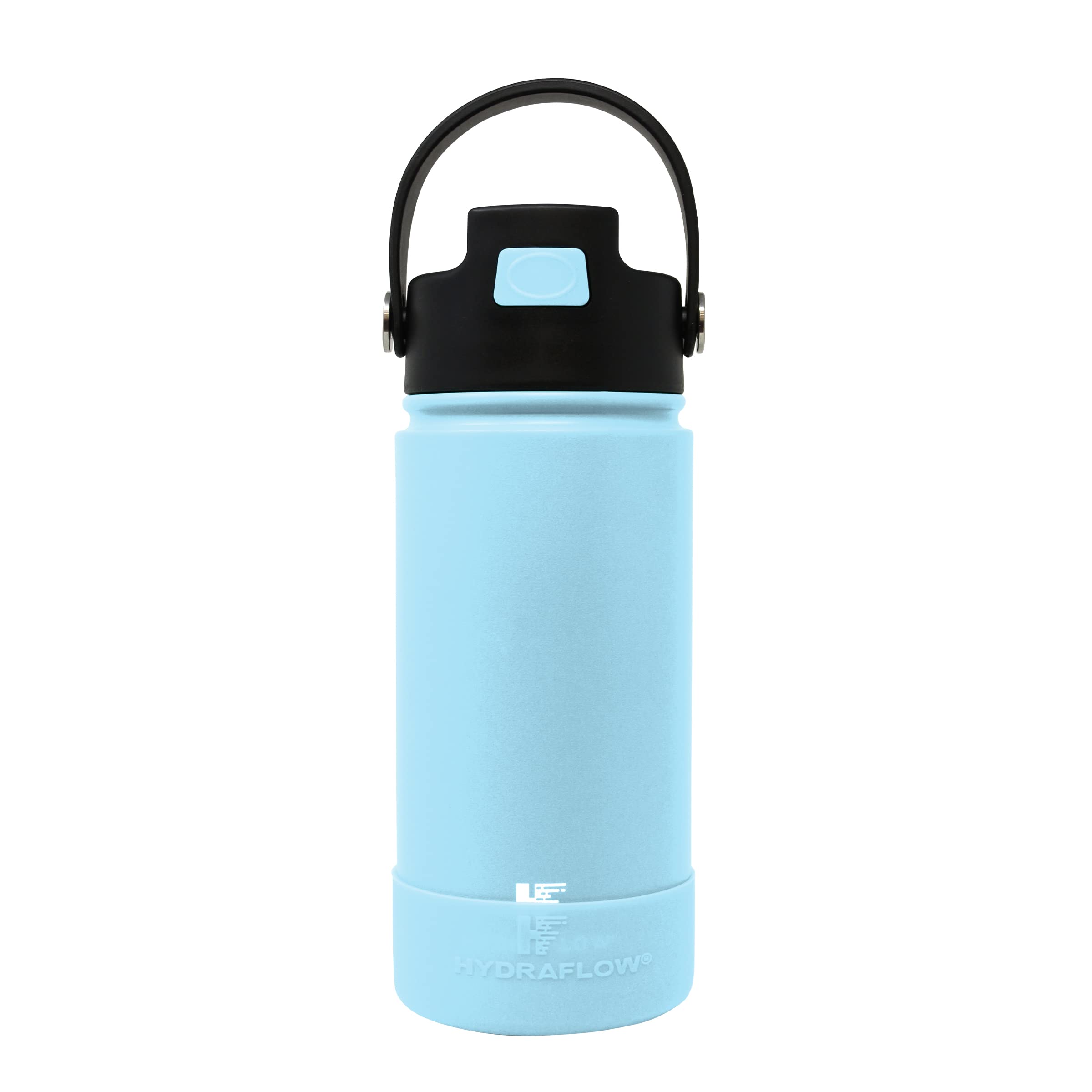 HYDRAFLOWHybrid Kids Water Bottle with Flip Straw Lid and Boot - Triple Wall Vacuum Insulated Water Bottle (14oz, Celeste LT Blue) Stainless Steel Metal Thermos, Reusable Leak Proof BPA-FREE