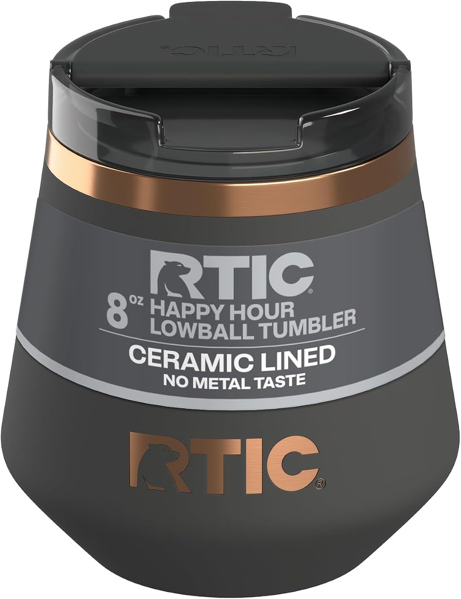 RTIC Happy Hour Vaso Lowball de 8 oz con tapa, forrado de cerámica, aislado, metal de acero inoxidable, taza de viaje portátil para bebidas frías y calientes, negro claro