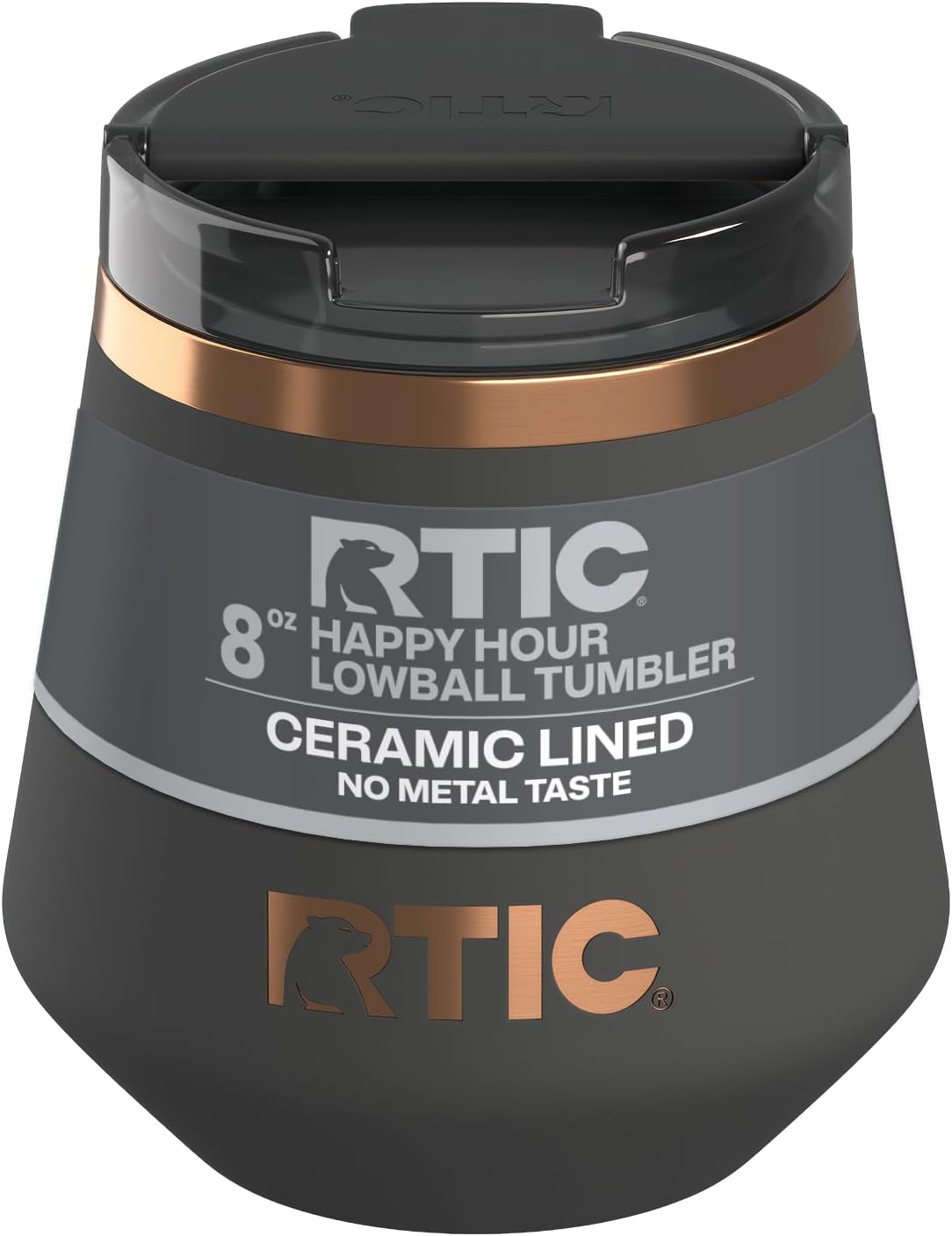 RTIC Happy Hour 8oz Lowball Tumbler with Lid, Ceramic Lined, Insulated, Stainless Steel Metal, Portable Travel Cup for Hot and Cold Drink, Light Black