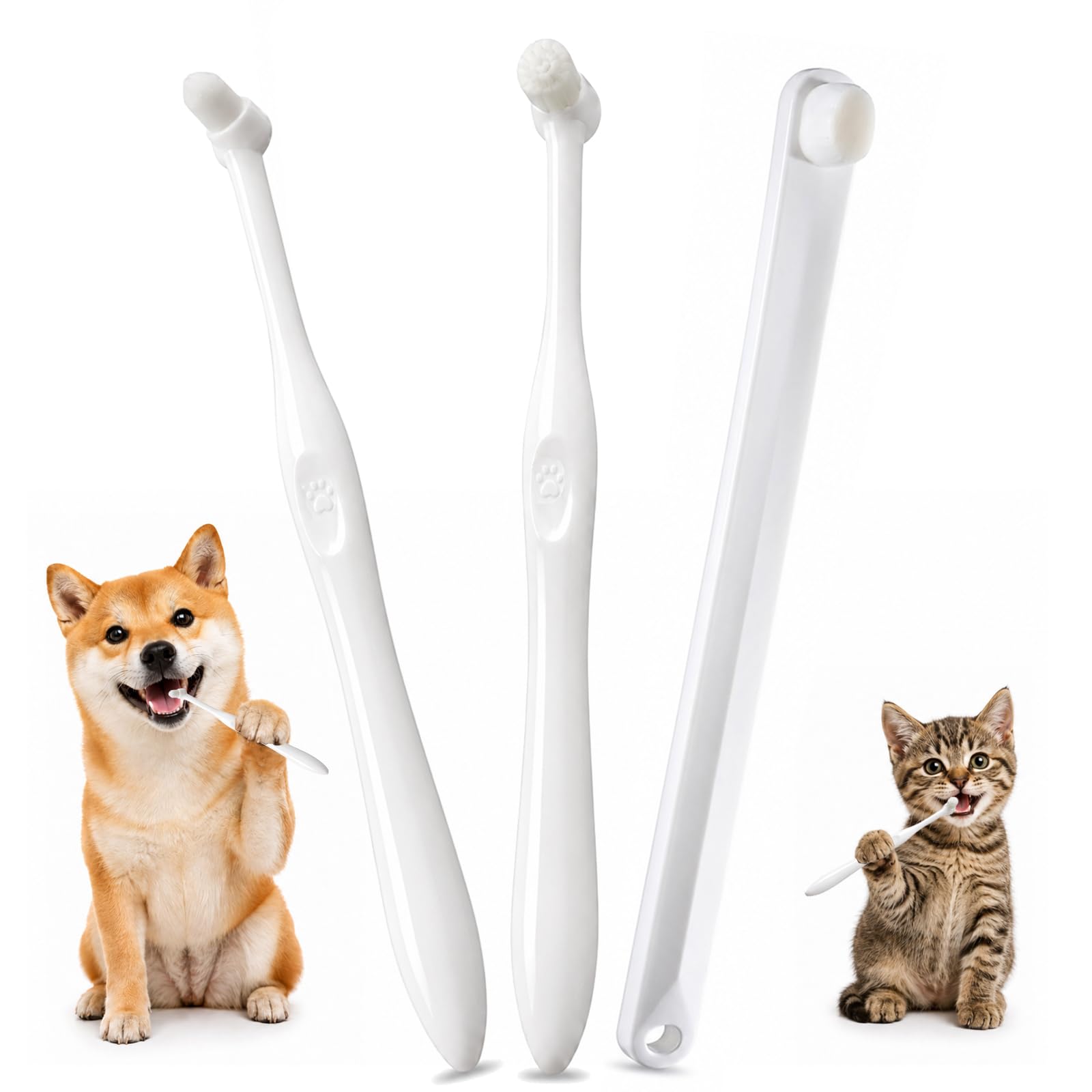 3-in-1 Pet Teeth Cleaning Brush Set for Dogs & Cats with 3 Head Designs - Flat-Head, Small Round & Pointed Brushes for Teeth, Gums and Gaps, Ultra Soft Bristles, Non-Slip Grip, Multi-Pack