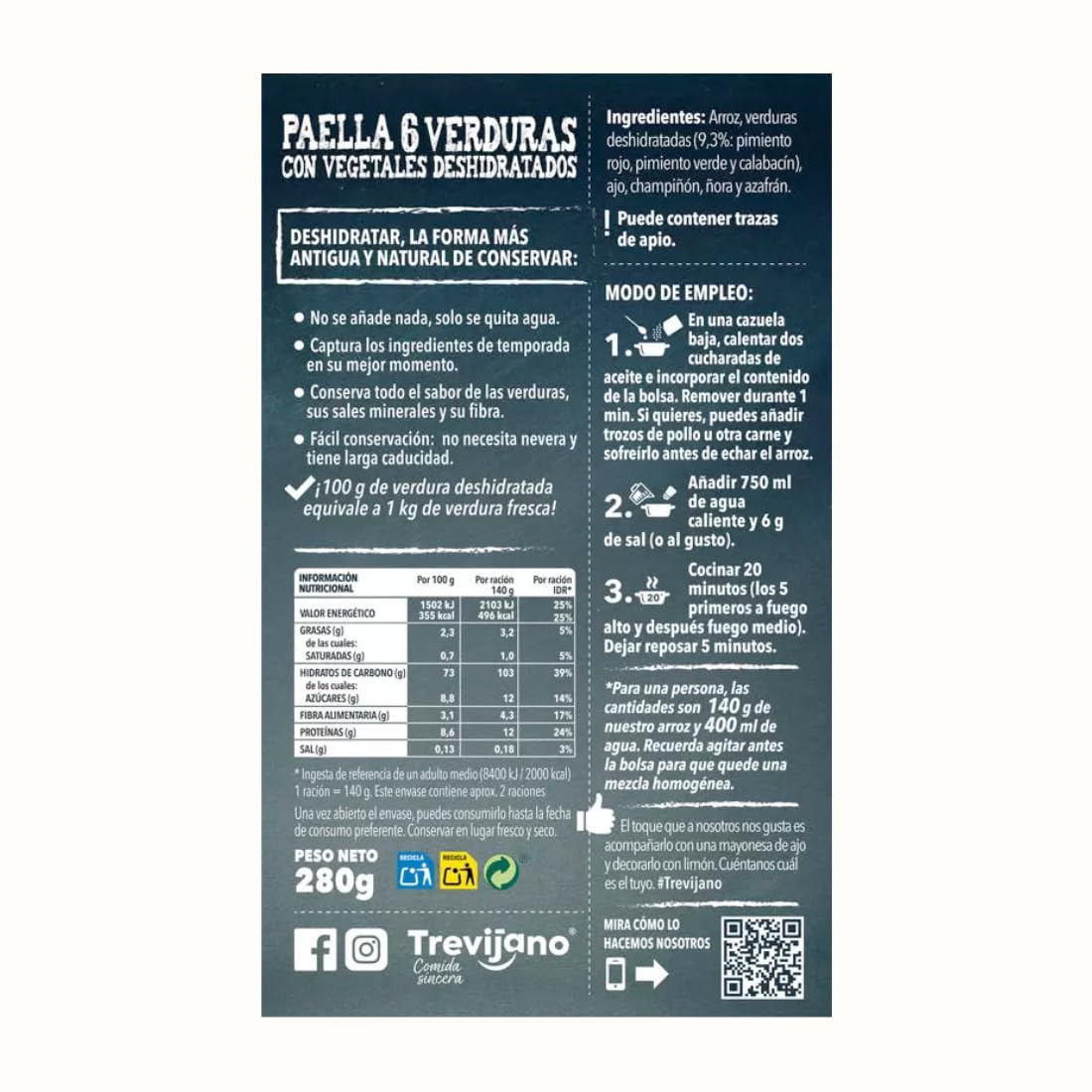 TREVIJANO Pack de 7 bolsas - Paella de Verduras Selección 6 Verduras con Vegetales Deshidratados - 14 Porciones. Producto Apto para Veganos, Sin Gluten, Sin Sal Añadida y Sin Aditivos
