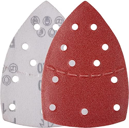 YoiYee 40 Grit Coarse Sanding Sheet Set, Mouse Detail Sander Sandpaper, Delta Triangular Sand Paper Pad, Hook and Loop Fastening, 11 Holes, Accessories for Multi-Sander, Red, 10 Pack