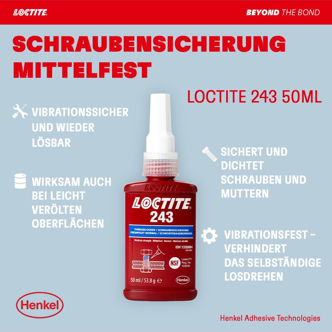 LOCTITE Schraubensicherung 243, Schraubenkleber für die Sicherung von Schrauben, mittelfestes Schraubensicherungsmittel für Metallgewinde, Flüssigkleber für z. B. Pumpen, 1x50ml