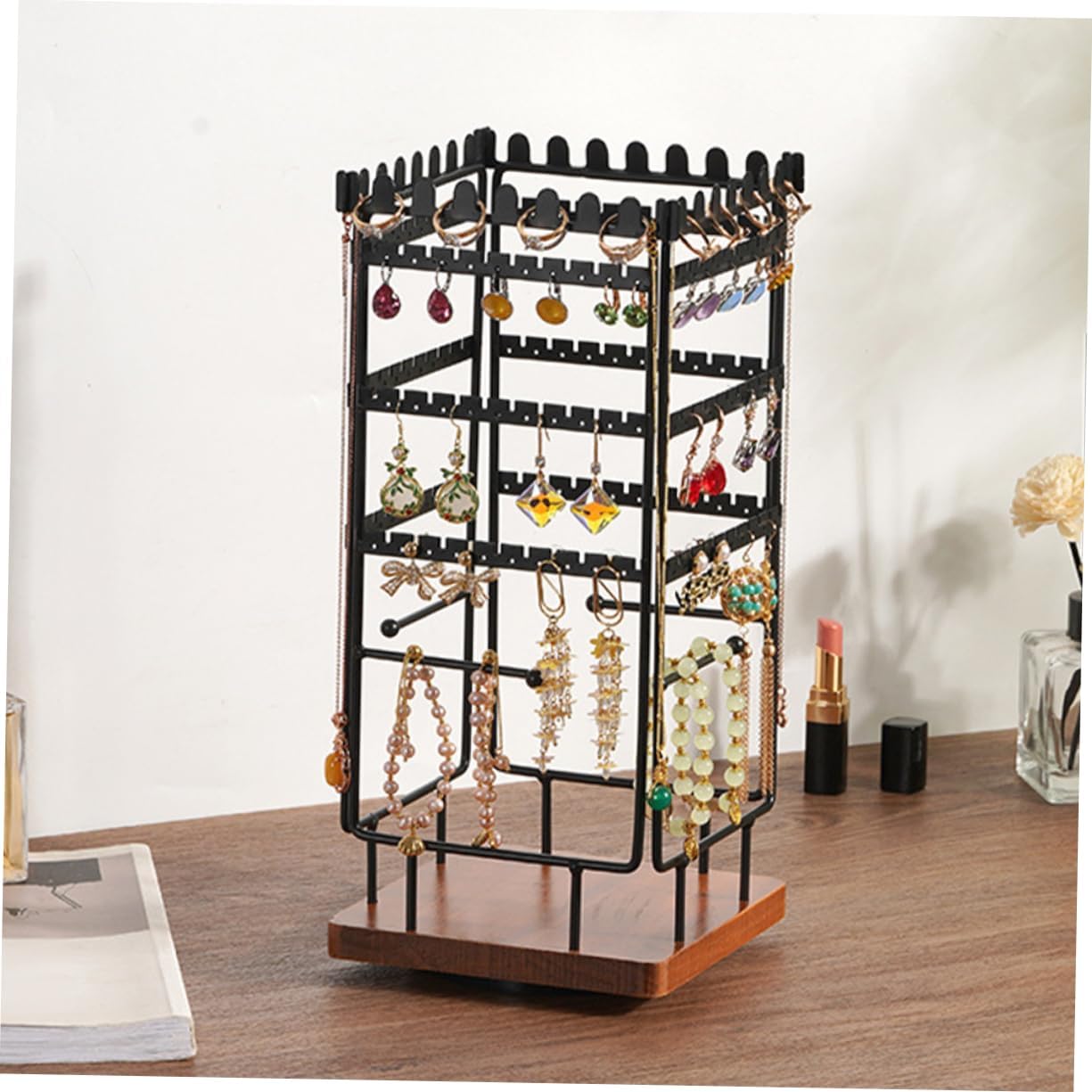 VICASKY Solid Wood Jewelry Organizer Stand Rotatable Four Sided Necklace Display Rack for Earrings Rings and Necklaces Compact Vanity Jewelry Holder for Home Store and Countertop Use and