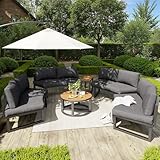 A ALFRESCOOL Gartenlounge Outdoor, Gartenmöbel-Set, Lounge Möbel Outdoor, Rundes Sofa, für 4-6 Personen, mit Grauen Sitzpolstern & Kissen, 3 Tische, Verstellbare Beine, 288×60×77cm (Grau)