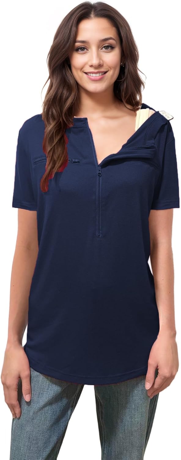 Youdiao Chemo Port Shirts for Women Short Sleeve Post-Surgery Recovery with 2 Side Snaps Dual Zipper Dialysis Cancer Clothing