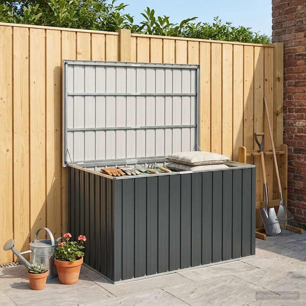 Gartenbox Anthrazit verzinkter Stahl 149x99x93 cm mit Klappdeckel wetterfest wasserdicht Stauraum für Kissen Auflagen Balkon Terrasse Outdoor Schutz Sitzbank